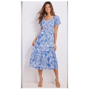 Vineyard Vines Floral Smocked Midi Dress Back Cutout S Blue White Preppy Coastal